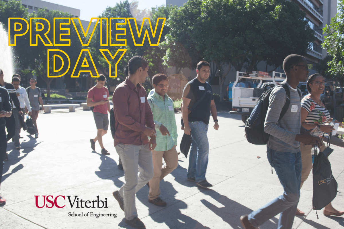USC Viterbi Preview Day - Advance Your Engineering Education. A scenic view of the USC campus with the Los Angeles skyline in the background.